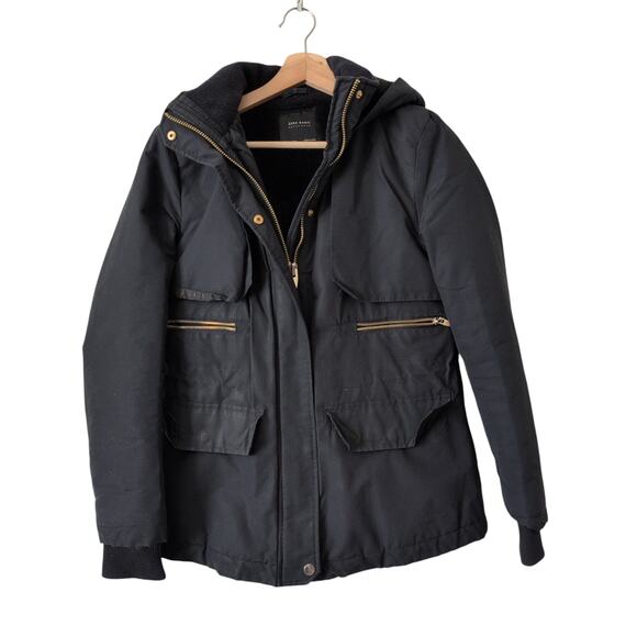 Zara Basic Outerwear Parka Hooded Black Coat with Gold Accents Womens Small - Picture 1 of 10